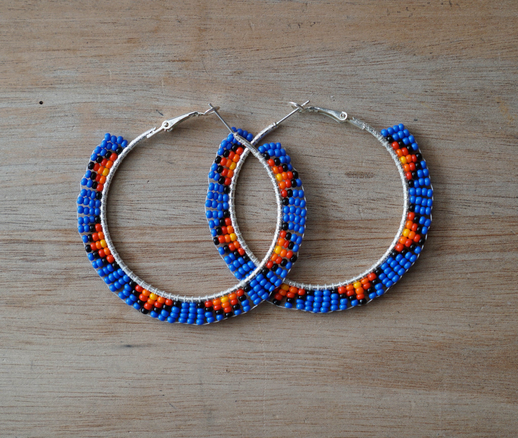 Large Dark Blue Beaded Hoops