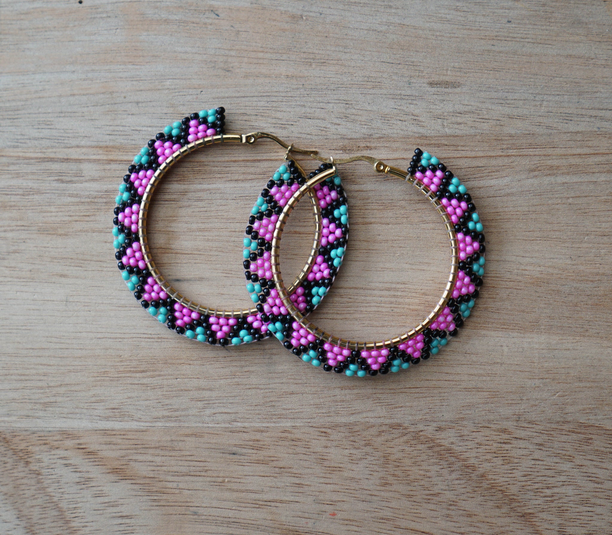 Pink Blue Beaded Hoops