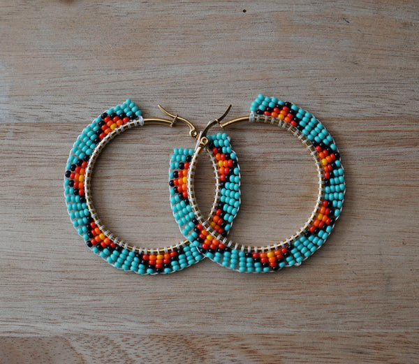 Blue Beaded Hoops