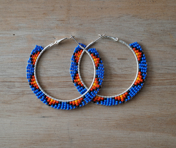 Large Dark Blue Beaded Hoops